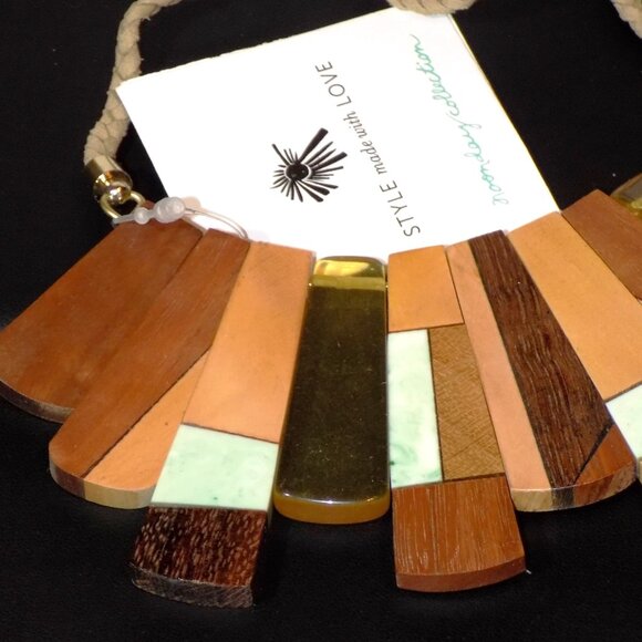 New Noonday Boho Wood Slat Necklace, Adjustable Braided Cord. Made in India - Picture 3 of 5